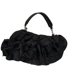 Karen Millen purse satin look fabrics with dust bag black ruffles evening purse